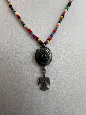 art nouveau thunder bird black onyx 925 QT marked seed beads necklace multicolor